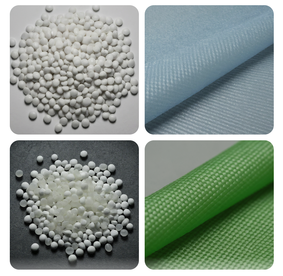 Close-up image of light blue woven polypropylene fabric, a versatile plastic material