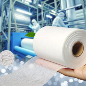 An illustration depicting the spunlace fabric manufacturing process, showcasing the web formation, hydroentanglement, and drying stages. Water jets entangle fibers to create a strong and durable nonwoven fabric.