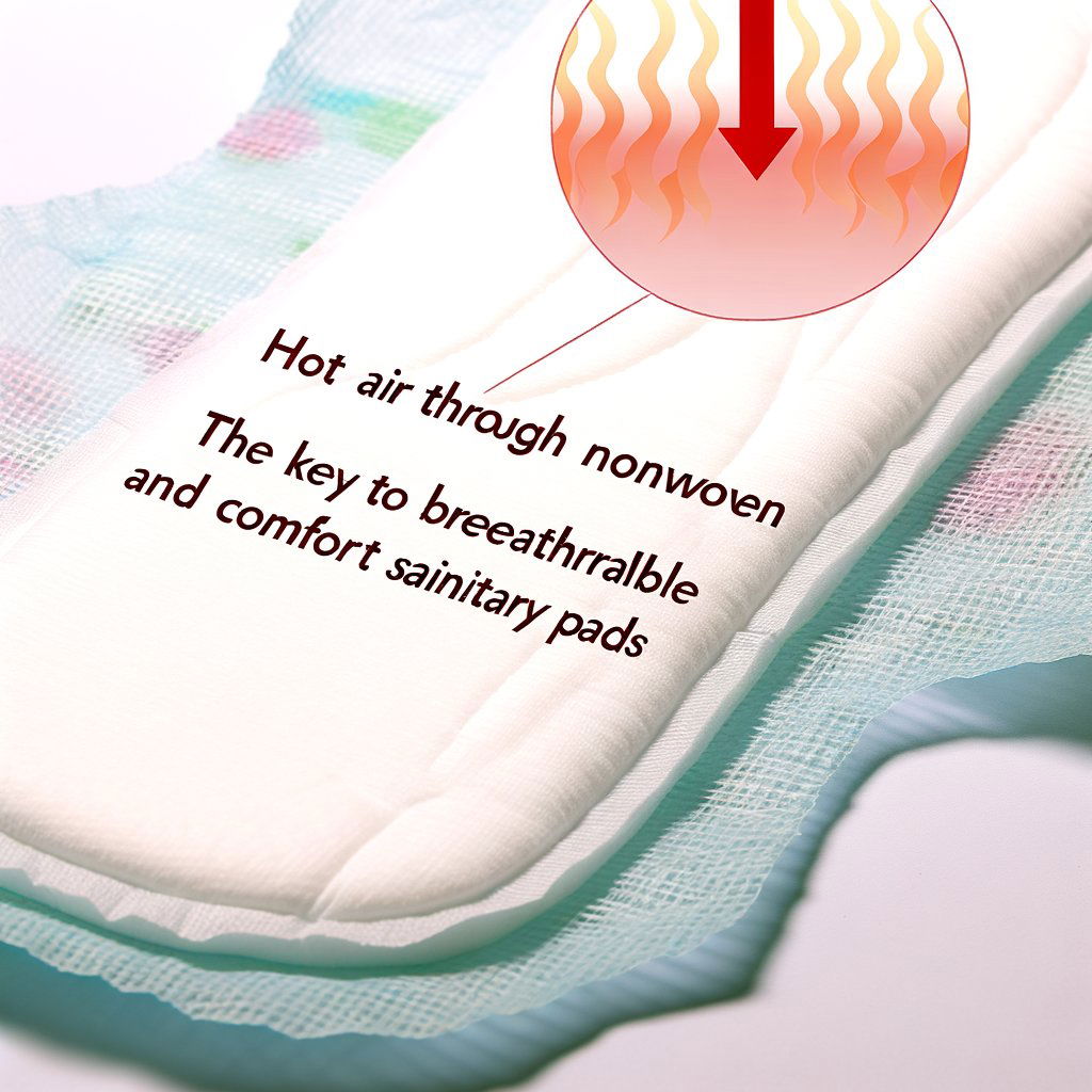 A close-up image of a white, soft, and breathable nonwoven fabric, commonly used in sanitary pads. This material is made using hot air through nonwoven technology, resulting in a structure that is highly absorbent and comfortable against the skin.